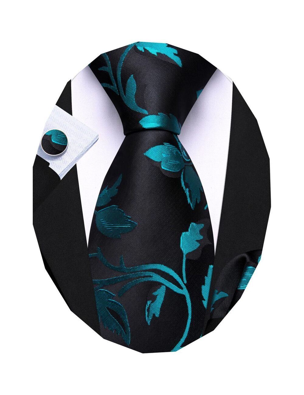 8978 Black Teal Flower Ties Silk Woven Floral Tie Sets Necktie Handkerchief